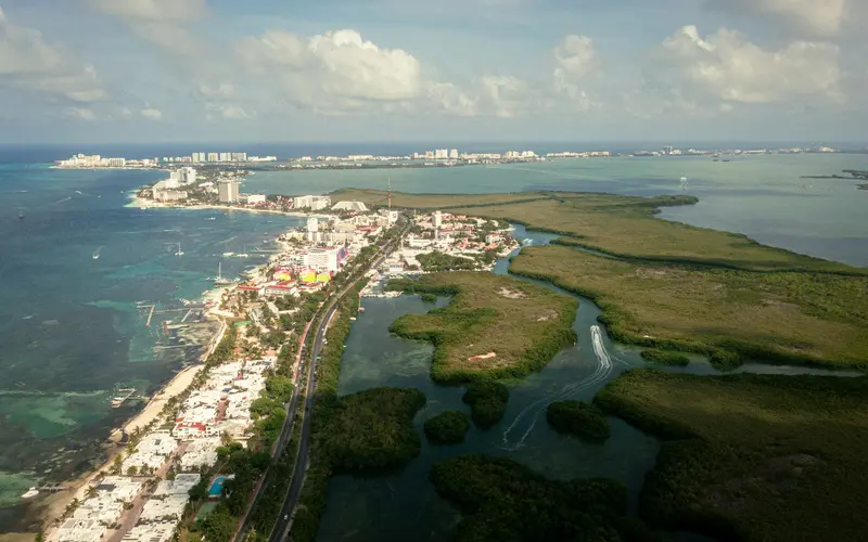 Aerial view of the lagoon and the Cancún Hotel Zone