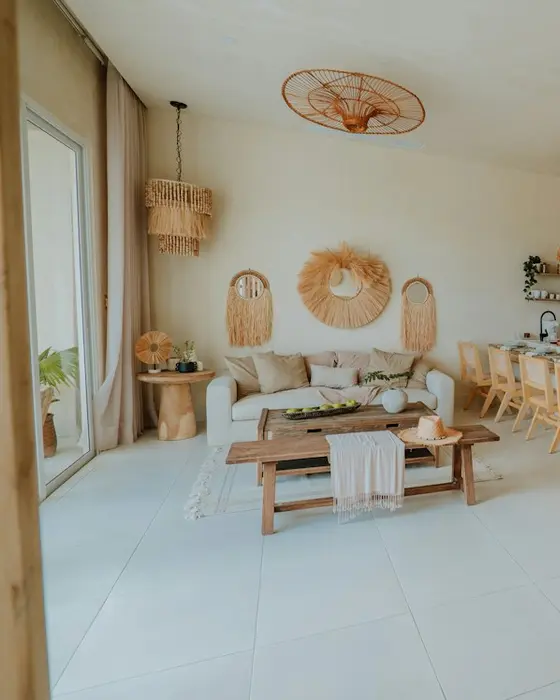 Bright living room with light wood furniture in sand tones