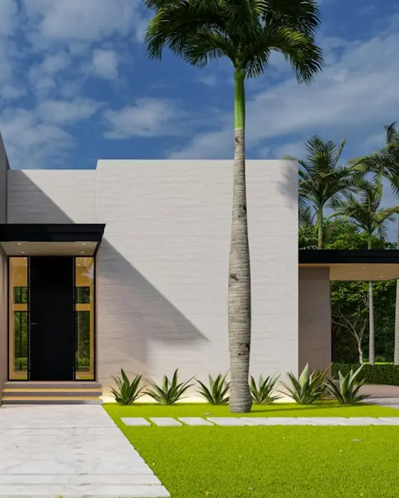 Single-level white house with a garden and a palm tree