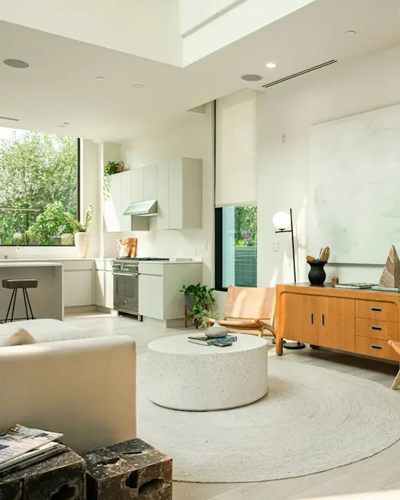 Bright double-height living room with plants and wood furniture